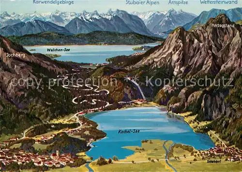 AK / Ansichtskarte Kochel See Panoramakarte mit Walchen See Kat. Kochel a.See