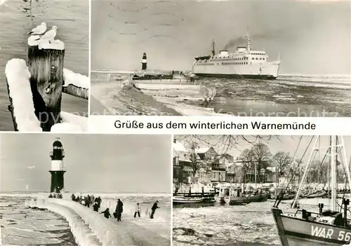 AK / Ansichtskarte Warnemuende Ostseebad Mole Leuchtturm Faehre Hafen im Winter Kat. Rostock