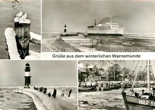 AK / Ansichtskarte Warnemuende Ostseebad Mole Leuchtturm Faehre Hafen im Winter Kat. Rostock