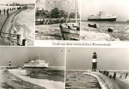 AK / Ansichtskarte Warnemuende Ostseebad Mole Alter Strom Hafen Faehrschiff Leuchtturm im Winter Kat. Rostock