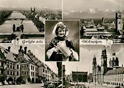 AK / Ansichtskarte Muenchen Isar Bruecken Hofbraeuhaus Deutsches Museum Theatinerkirche Maedchen Trachten Bierkrug Kat. Muenchen