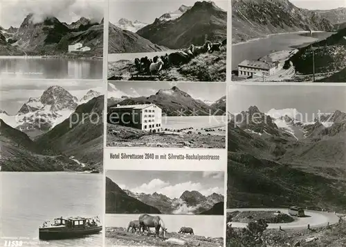 AK / Ansichtskarte Silvretta Hochalpenstrasse Hotel Silvrettasee Bergsee Bootfahren Pferde Schafe Kat. Gaschurn