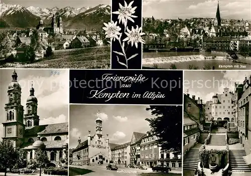 AK / Ansichtskarte Kempten Allgaeu Gesamtansicht mit Alpenpanorama Iller Wehr Freitreppe Rathausplatz St Lorenz Kirche Kat. Kempten (Allgaeu)