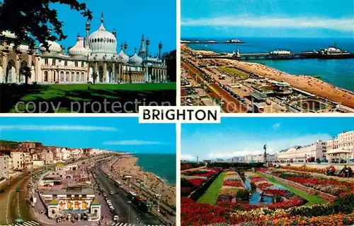 AK / Ansichtskarte Brighton East Sussex Royal Pavilion Aquarium and Madeira Drive Kings Road and West Pier Sunken Gardens and Peace Statue Kat. 