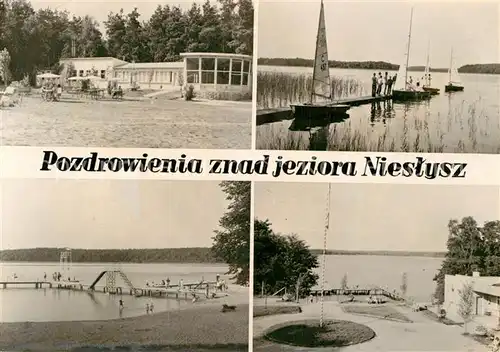 AK / Ansichtskarte Niesulice Osrodki wypoczynkowe nad jeziorem Nieslysz Badestrand Gaststaette Restaurant am See