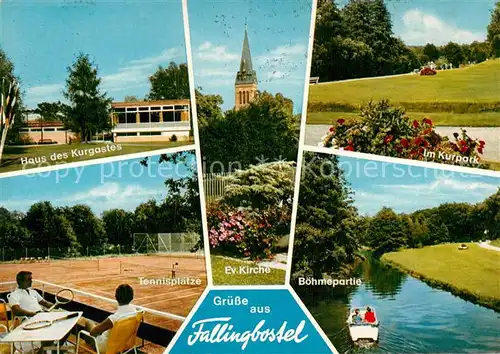AK / Ansichtskarte Fallingbostel Haus des Kurgastes Ev Kirche Kurpark Tennisplaetze Boehmepartie Kat. Bad Fallingbostel