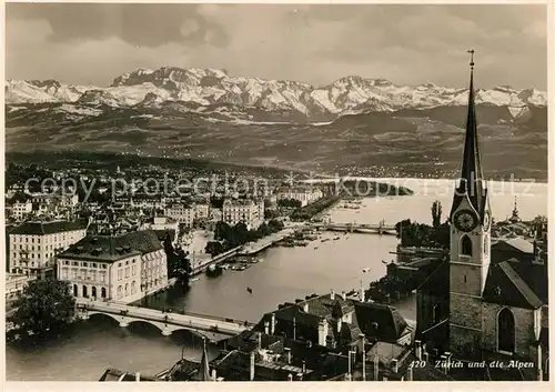 AK / Ansichtskarte Zuerich ZH Stadtbild mit Limmat und Alpen