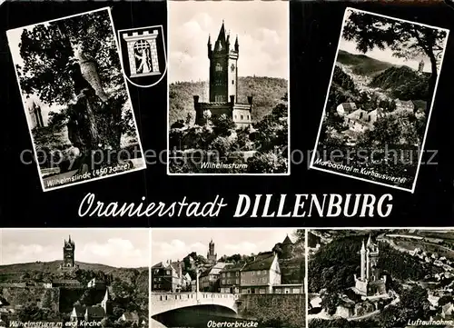 AK / Ansichtskarte Dillenburg Wilhelmslinde Wilhelmsturm Kirche Obertorbruecke Marbachtal Kurhausviertel Luftaufnahme Kat. Dillenburg