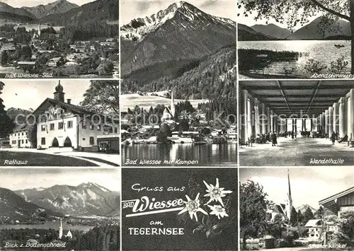 AK / Ansichtskarte Bad Wiessee Panorama Rathaus Bodenschneid Kampen Abendstimmung am Tegernsee Wandelhalle Kirche Edelweiss Kat. Bad Wiessee