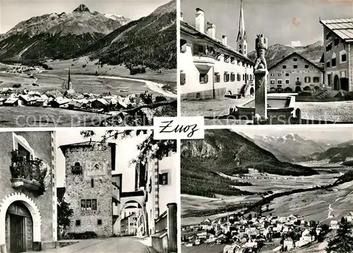 AK / Ansichtskarte Zuoz GR Gesamtansicht mit Alpenpanorama Ortsmotiv Brunnen Kat. Zuoz