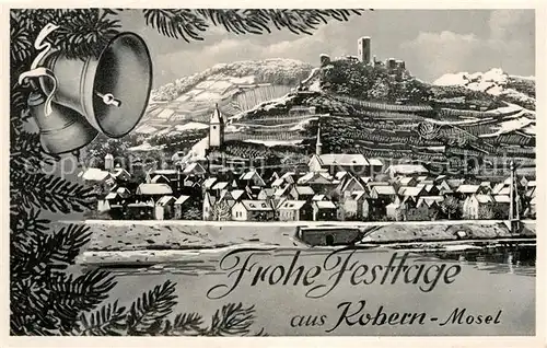 AK / Ansichtskarte Kobern Gondorf Blick ueber die Mosel Burg Glocken Weihnachtskarte Kuenstlerkarte Kat. Kobern Gondorf