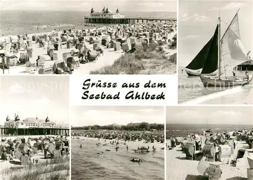 AK / Ansichtskarte Ahlbeck Ostseebad Segelboot Strand Seebruecke Kat. Heringsdorf Insel Usedom