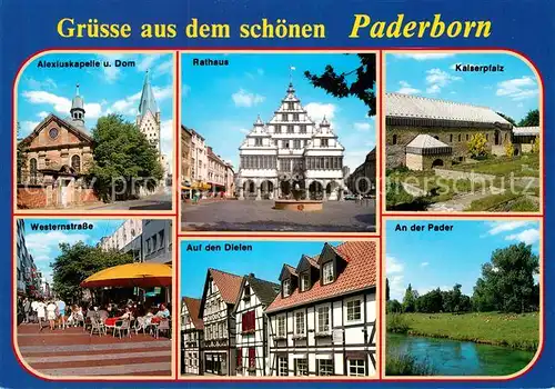 AK / Ansichtskarte Paderborn Alexiuskapelle Dom Rathaus Kaiserpfalz Westernstrasse Auf den Dielen Fachwerkhaeuser Partie an der Pader Kat. Paderborn