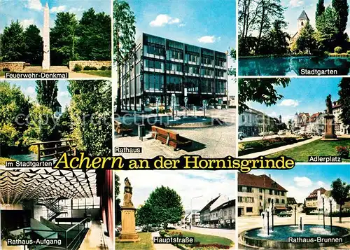 AK / Ansichtskarte Achern Baden Denkmal Stadtgarten Rathaus Hauptstrasse Adlerplatz Brunnen Kat. Achern