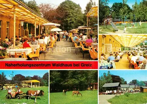 AK / Ansichtskarte Greiz Thueringen Naherholungszentrum Waldhaus Restaurant Terrasse Ponykutsche Tierpark Kinderspielplatz Kat. Greiz