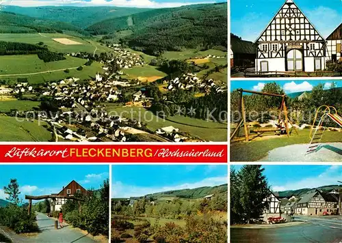 AK / Ansichtskarte Fleckenberg Teilansichten Fachwerkhaus Kinderspielplatz Landschaftspanorama Fliegeraufnahme Kat. Schmallenberg