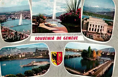 AK / Ansichtskarte Geneve GE Vue aerienne Le Jet dEau Le Palais des Nations La Rade Ile J J Rousseau Kat. Geneve