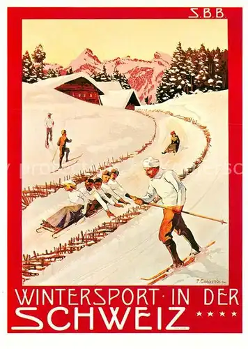 AK / Ansichtskarte Schlitten Schnee Skifahren Schweiz Plakat fuer SBB CFF 1904 P. Colombi  Kat. Sport