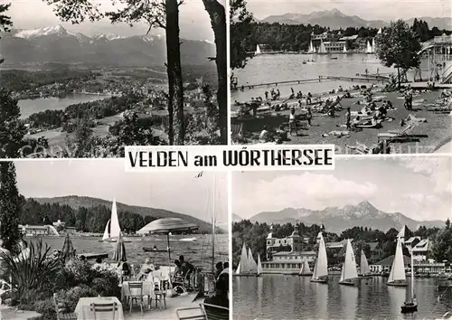 AK / Ansichtskarte Velden Woerthersee Gesamtansicht mit Alpenpanorama Badestrand Restaurant Terrasse Segeln