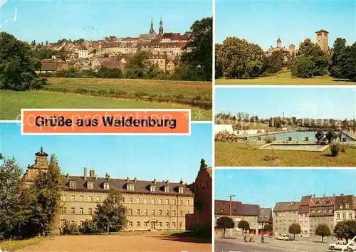 AK / Ansichtskarte Waldenburg Sachsen Panorama Paed Schule Krupskaja Schloss Freibad Markt Kat. Waldenburg Sachsen