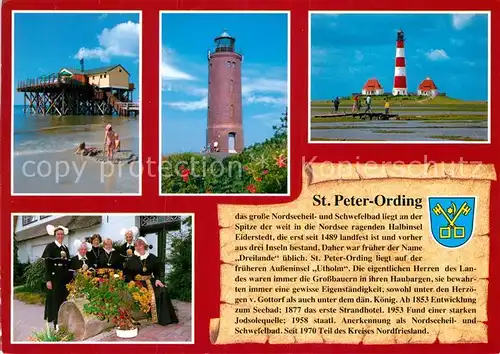 AK / Ansichtskarte St Peter Ording Seebruecke Alter und neuer Leuchtturm Trachtengruppe Kat. Sankt Peter Ording