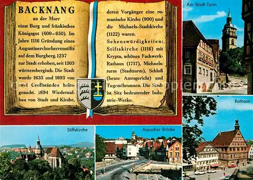 AK / Ansichtskarte Backnang Am Stadt Turm Stiftskirche Aspacher Bruecke Rathaus Kat. Backnang