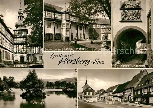 AK / Ansichtskarte Herzberg Harz Schlossturm Schloss Innenhof Eingangstor Markt Juessee  Kat. Herzberg am Harz