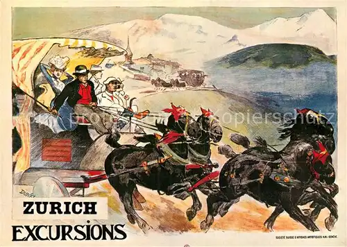 AK / Ansichtskarte Pferdekutschen Plakat Zuerich Excursions 1908 Kat. Tiere