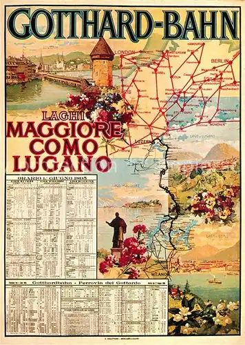 AK / Ansichtskarte Gotthardbahn Plakat 1895 Fahrplan Lago Maggiore Como Lugano  Kat. Eisenbahn