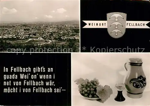 AK / Ansichtskarte Fellbach Stadtpanorama Trinkspruch Weinkrug Weinglas Weintrauben Kat. Fellbach