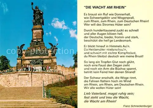 AK / Ansichtskarte Gedicht auf AK Die Wacht am Rhein Franz Schneckenburger Ruedesheim Niederwalddenkmal Kat. Lyrik