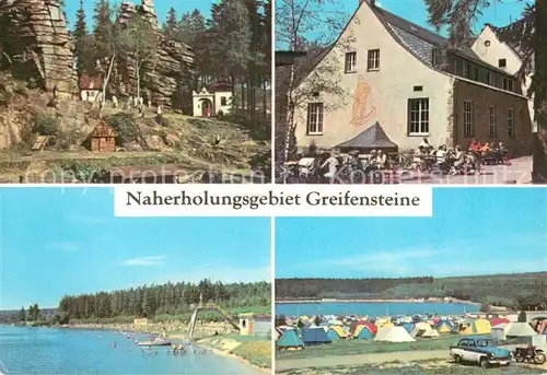 AK / Ansichtskarte Greifensteine Erzgebirge Naturtheater Konsum Gaststaette Berghaus Freibad und Zeltplatz am Greifenbachstauweiher Kat. Typen