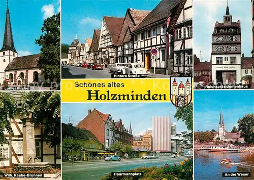 AK / Ansichtskarte Holzminden Weser Luther Kirche Hintere Strasse Reichspraesidentenhaus Wilh Raabe Brunnen Haarmannplatz An der Weser Kat. Holzminden