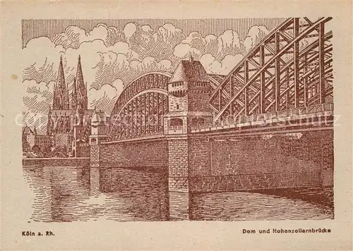 AK / Ansichtskarte Koeln Rhein Dom und Hohenzollernbruecke Zeichnung Kuenstlerkarte Kat. Koeln