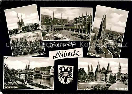 AK / Ansichtskarte Luebeck Dom Markt St Marien Kirche Malerwinkel Bruecke Holstentor Wappen Kat. Luebeck