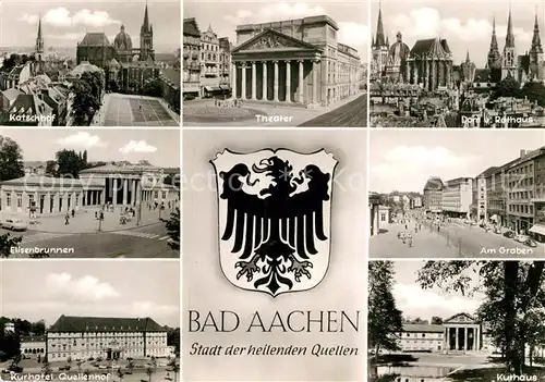 AK / Ansichtskarte Bad Aachen Katschhof Elisenbrunnen Kurhotel Theater Dom Rathaus Graben Wappen