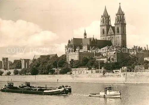 AK / Ansichtskarte Magdeburg Blick ueber die Elbe auf den Dom Frachtkahn Binnenschifffahrt Kat. Magdeburg