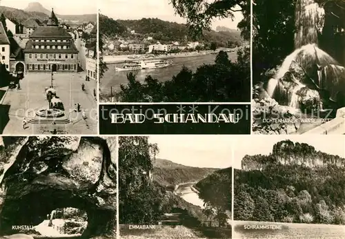 AK / Ansichtskarte Bad Schandau Platz Ferienheim Kuhstall Felsen Lichtenhainer Wasserfall Emmabank Schrammsteine Kat. Bad Schandau