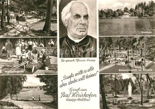 AK / Ansichtskarte Bad Woerishofen Kurpark Wassertretplatz Birkenallee Heuweg Portrait Pfarrer Kneipp Waldsee Kat. Bad Woerishofen