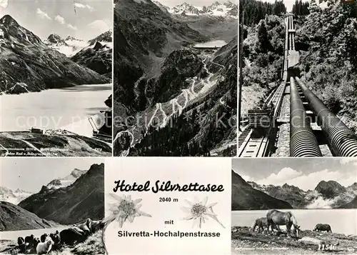 AK / Ansichtskarte Silvrettasee Berghotel Silvretta Hochalpenstrasse Schafe Pferde Kraftwerk Gebirgspanorama Kat. Silvretta