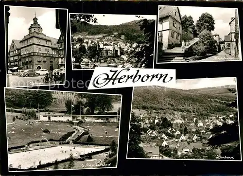 AK / Ansichtskarte Herborn Hessen Rathaus Schloss Kirchtreppe Schwimmbad Stadtpanorama Kat. Herborn