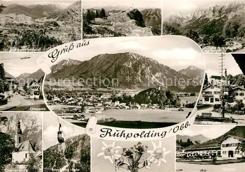 AK / Ansichtskarte Ruhpolding Alpenpanorama Deutsche Alpenstrasse Ortspartie Kirche Kurhaus Brunnen Bergbahn Kat. Ruhpolding