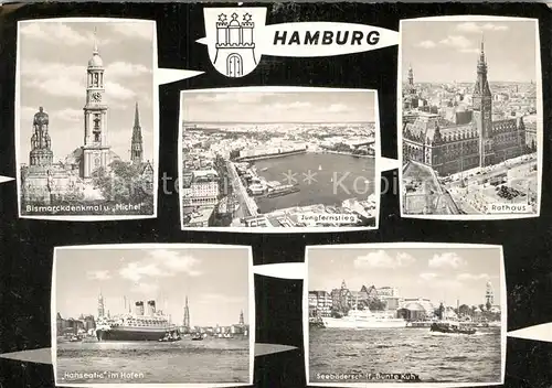 AK / Ansichtskarte Hamburg Bismarckdenkmal und Michel Wahrzeichen Jungfernstieg Rathaus Hanseatic Hafen Seebaederschiff Bunte Kuh Kat. Hamburg