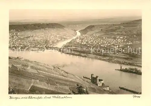 AK / Ansichtskarte Bingen Rhein Panorama mit Ehrenfels und Maeuseturm Handabzug Kat. Bingen am Rhein