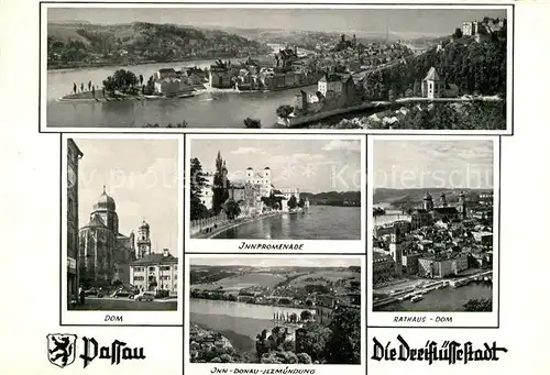 AK / Ansichtskarte Passau Dreifluessestadt Zusammenfluss von Donau Inn und Ilz Promenade Rathaus Dom Kat. Passau