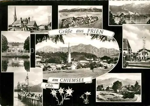 AK / Ansichtskarte Prien Chiemsee Teilansichten Ortsmotiv mit Kirche Maibaum Steg Alpenpanorama Kat. Prien a.Chiemsee