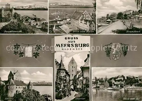 AK / Ansichtskarte Meersburg Bodensee Hafen Strandbad Schloss Alpenpanorama Obertor Blick vom See Kat. Meersburg