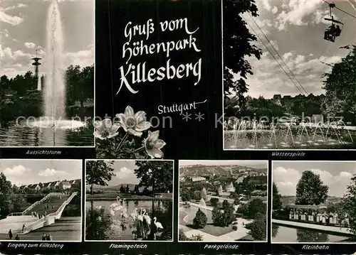 AK / Ansichtskarte Stuttgart Hoehenpark Killesberg Aussichtsturm Fontaene Wasserspiele Kleinbahn Parkgelaende Flamingoteich Kat. Stuttgart