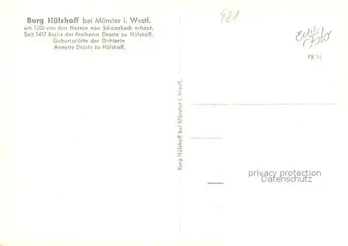 AK / Ansichtskarte Muenster Westfalen Burg Huelshoff Wasserschloss Geburtsstaette der Dichterin Annette Droste zu Huelshoff Kat. Muenster