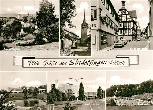 AK / Ansichtskarte Sindelfingen Ortsansicht mit Kirche Rathaus Freibad Daimler Benz Werk Festhalle Kat. Sindelfingen